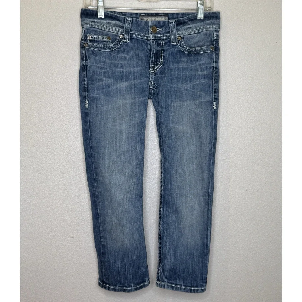 BKE‎ Denim Sabrina Crop Jeans Womens Size 26 Medium Wash Distressed Thick Stitch